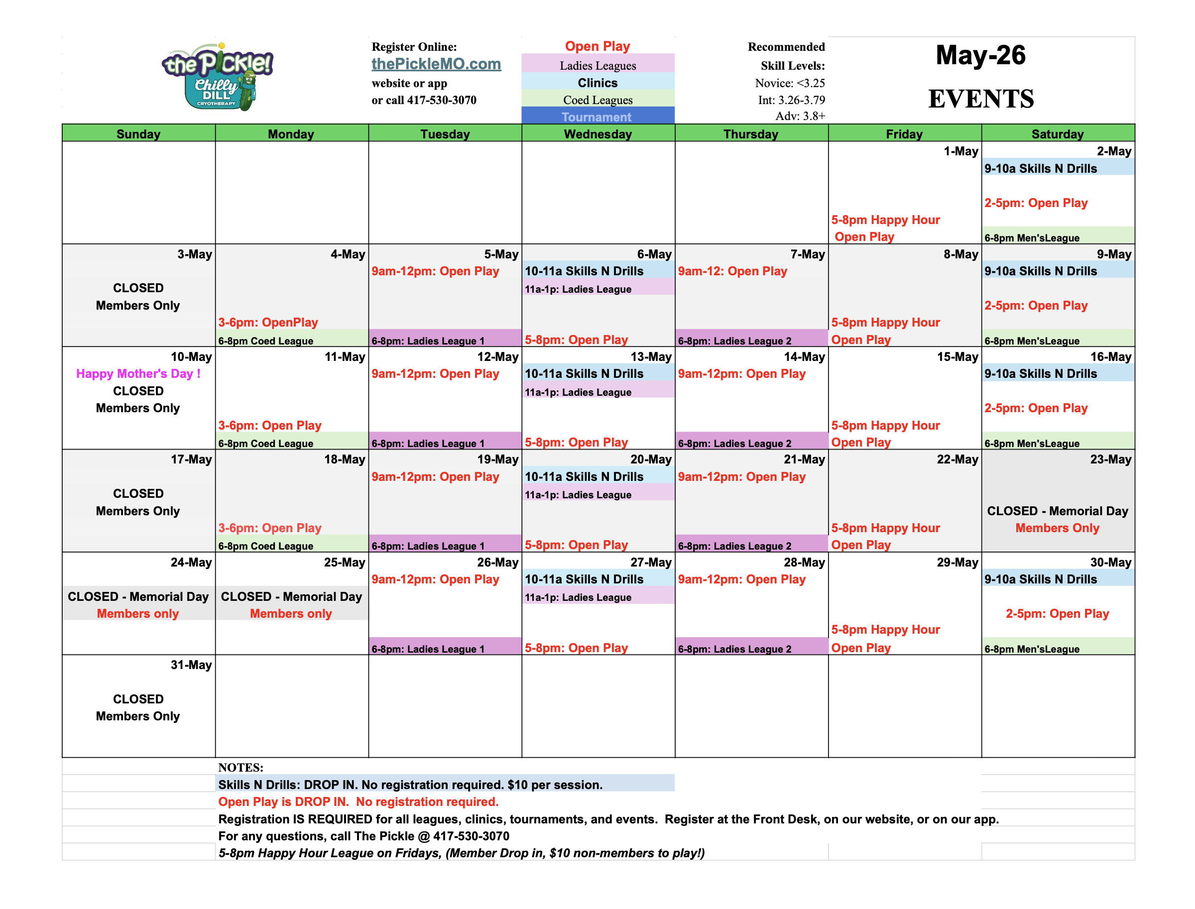 May 2026 Pickleball Facility Schedule