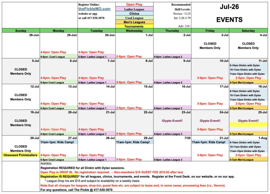 Updated July calendar